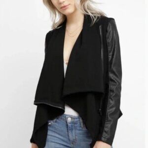 Blank NYC Drape Front Jacket Open Waterfall Faux Leather Knit Moto S